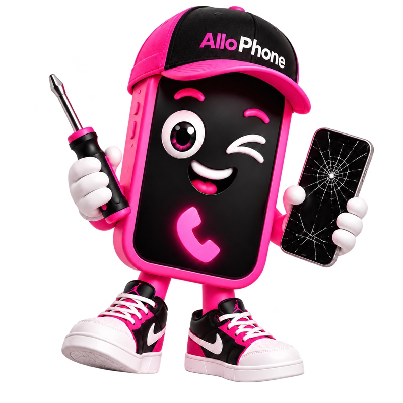 Mascotte Allo Phone avec un tournevis et un téléphone fissuré